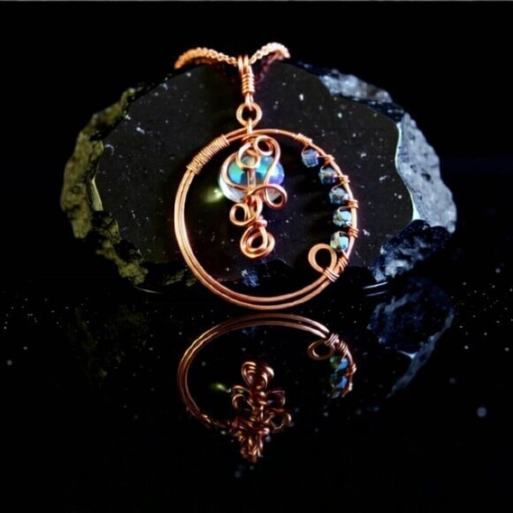 Handmade! Embellished Copper Circle Elemental Pendant + Chain! Flirty & Feminine